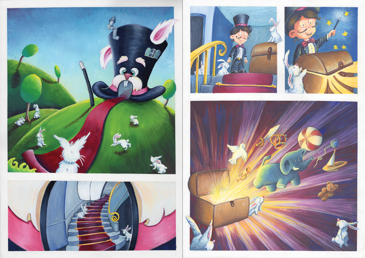 flo kanban illustration jeunesse BD Magie magicien chapeau lapin coffre à jouets trésor