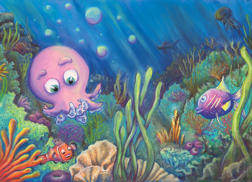 flo kanban illustration jeunesse pastels secs fonds marins oceans mer poulpe poissons algues