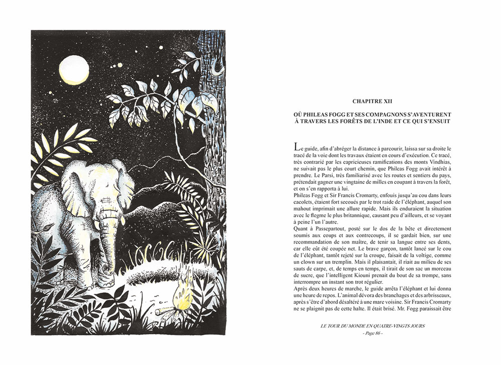 flo kanban illustration jeunesse Jules Verne éléphant le tour du monde en 80 jours encre de chine