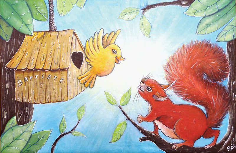 flo kanban illustration jeunesse cadeau naissance tableau enfant écureuil oiseau animaux